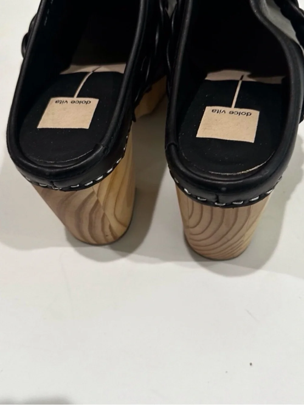 Dolce Vita Black Leather Braided Clog Mules with Wooden Platform Shoes NWOT - Picture 12 of 15